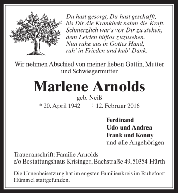 Anzeige von Marlene Arnolds von  Wochenende 