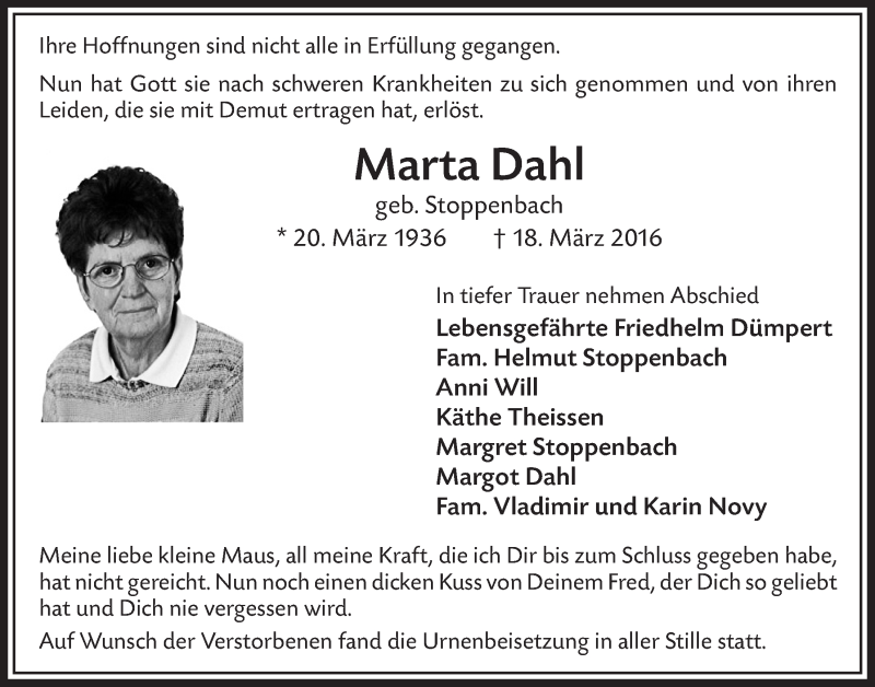  Traueranzeige für Marta Dahl vom 23.03.2016 aus  Bergisches Handelsblatt 