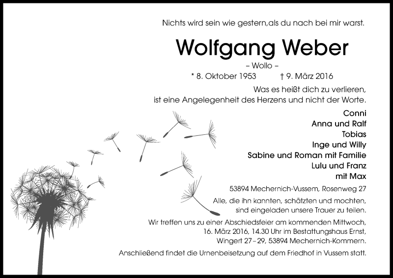  Traueranzeige für Wolfgang Weber vom 12.03.2016 aus Kölner Stadt-Anzeiger / Kölnische Rundschau / Express