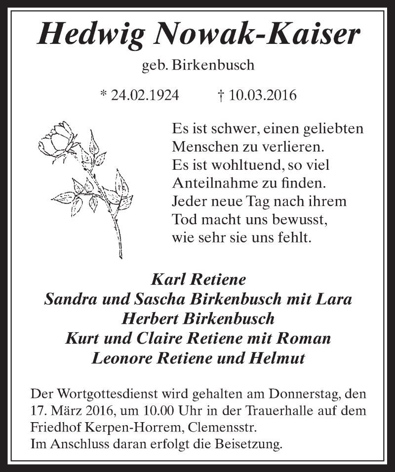  Traueranzeige für Hedwig Nowak-Kaiser vom 16.03.2016 aus  Werbepost 