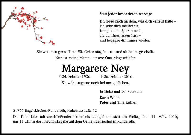  Traueranzeige für Margarete Ney vom 05.03.2016 aus Kölner Stadt-Anzeiger / Kölnische Rundschau / Express
