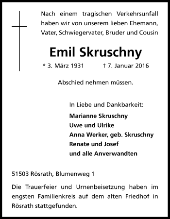 Anzeige von Emil Skruschny von Kölner Stadt-Anzeiger / Kölnische Rundschau / Express