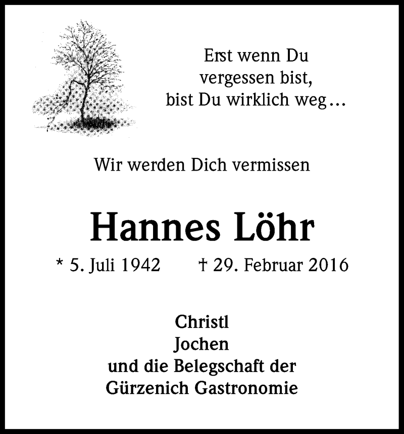 Traueranzeige für Hannes Löhr vom 11.03.2016 aus Kölner Stadt-Anzeiger / Kölnische Rundschau / Express