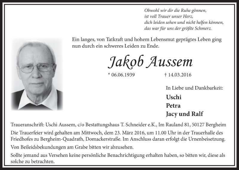  Traueranzeige für Jakob Aussem vom 19.03.2016 aus  Sonntags-Post 