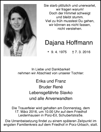 Anzeige von Dajana Hoffmann von  Kölner Wochenspiegel 