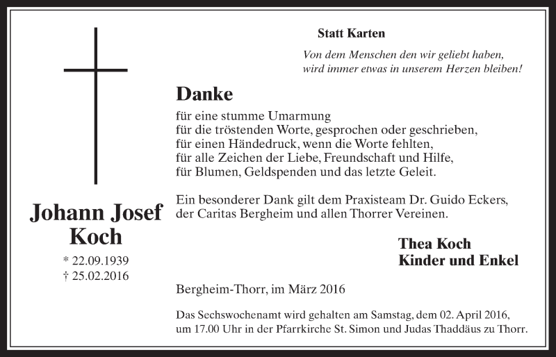  Traueranzeige für Johann Josef Koch vom 30.03.2016 aus  Werbepost 