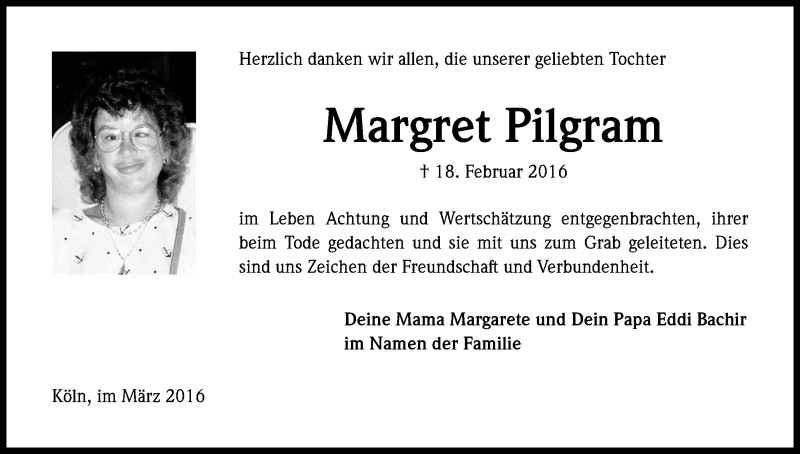  Traueranzeige für Margret Pilgram vom 19.03.2016 aus Kölner Stadt-Anzeiger / Kölnische Rundschau / Express