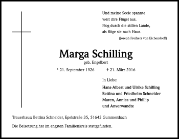 Anzeige von Marga Schilling von Kölner Stadt-Anzeiger / Kölnische Rundschau / Express