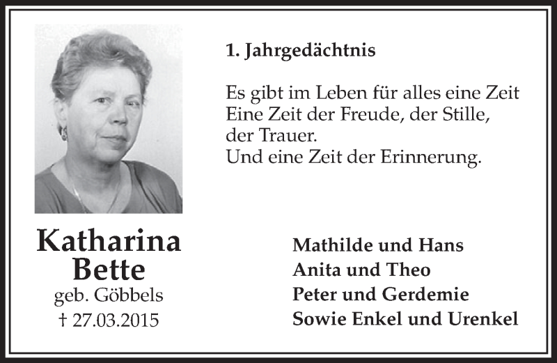  Traueranzeige für Katharina Bette vom 26.03.2016 aus  Sonntags-Post 