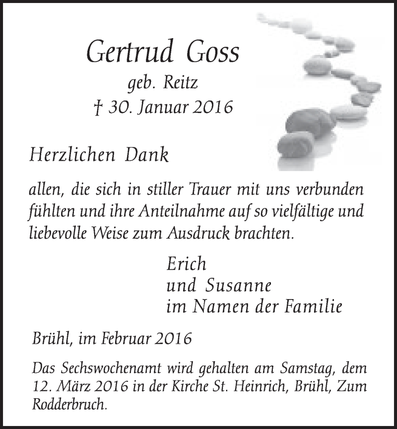  Traueranzeige für Gertrud Goss vom 02.03.2016 aus  Schlossbote/Werbekurier 