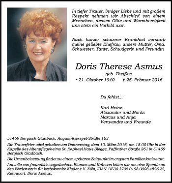 Anzeige von Doris Therese Asmus von Kölner Stadt-Anzeiger / Kölnische Rundschau / Express