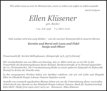 Anzeige von Ellen Klüsener von Kölner Stadt-Anzeiger / Kölnische Rundschau / Express