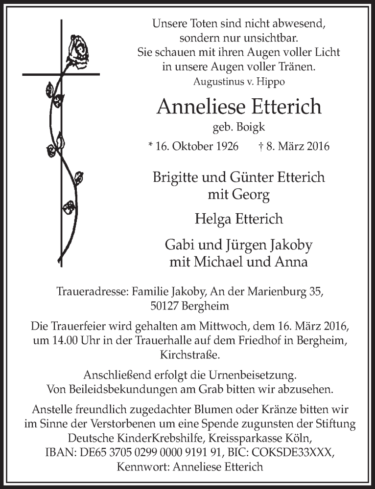  Traueranzeige für Anneliese Etterich vom 12.03.2016 aus  Sonntags-Post 