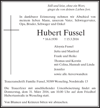 Anzeige von Hubert Fussel von  Schlossbote/Werbekurier 