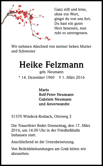 Anzeige von Heike Felzmann von Kölner Stadt-Anzeiger / Kölnische Rundschau / Express