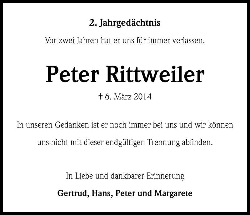  Traueranzeige für Peter Rittweiler vom 05.03.2016 aus Kölner Stadt-Anzeiger / Kölnische Rundschau / Express