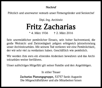 Anzeige von Fritz Zacharias von Kölner Stadt-Anzeiger / Kölnische Rundschau / Express