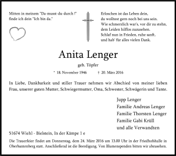 Anzeige von Anita Lenger von Kölner Stadt-Anzeiger / Kölnische Rundschau / Express