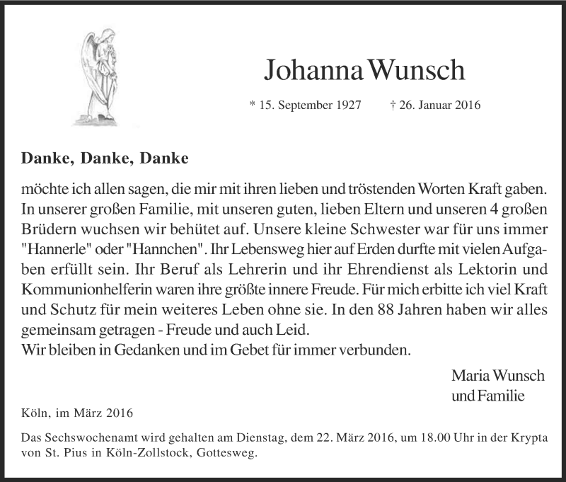  Traueranzeige für Johanna Wunsch vom 12.03.2016 aus Kölner Stadt-Anzeiger / Kölnische Rundschau / Express