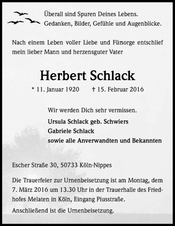 Anzeige von Herbert Schlack von Kölner Stadt-Anzeiger / Kölnische Rundschau / Express