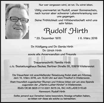 Anzeige von Rudolf Hirth von Kölner Stadt-Anzeiger / Kölnische Rundschau / Express