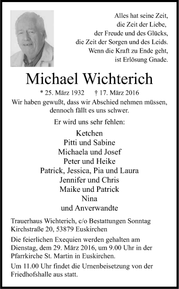 Anzeige von Michael Wichterich von Kölner Stadt-Anzeiger / Kölnische Rundschau / Express