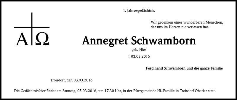  Traueranzeige für Annegret Schwamborn vom 03.03.2016 aus Kölner Stadt-Anzeiger / Kölnische Rundschau / Express