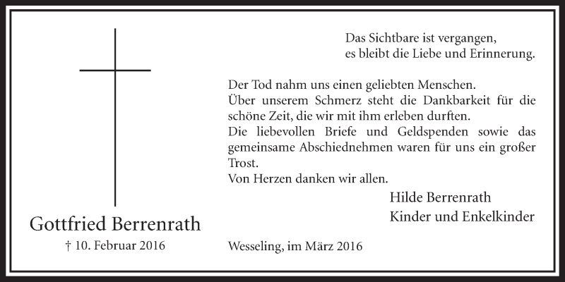  Traueranzeige für Gottfried Berrenrath vom 09.03.2016 aus  Schlossbote/Werbekurier 