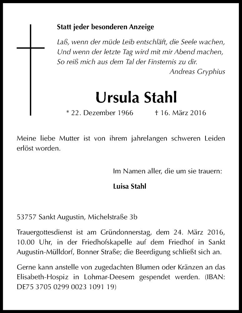  Traueranzeige für Ursula Stahl vom 19.03.2016 aus Kölner Stadt-Anzeiger / Kölnische Rundschau / Express