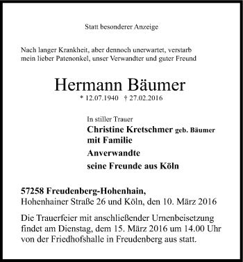 Anzeige von Hermann Bäumer von Kölner Stadt-Anzeiger / Kölnische Rundschau / Express