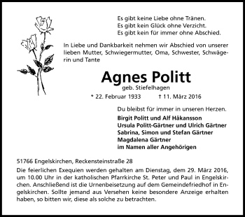 Anzeige von Agnes Politt von Kölner Stadt-Anzeiger / Kölnische Rundschau / Express