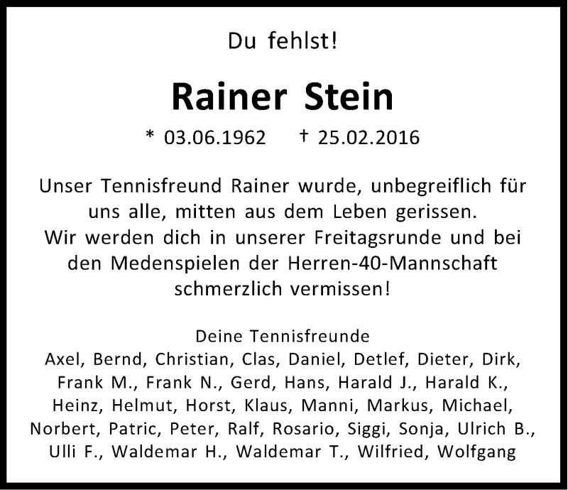  Traueranzeige für Rainer Stein vom 05.03.2016 aus Kölner Stadt-Anzeiger / Kölnische Rundschau / Express