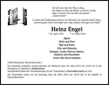 Anzeige von Heinz Engel von Kölner Stadt-Anzeiger / Kölnische Rundschau / Express