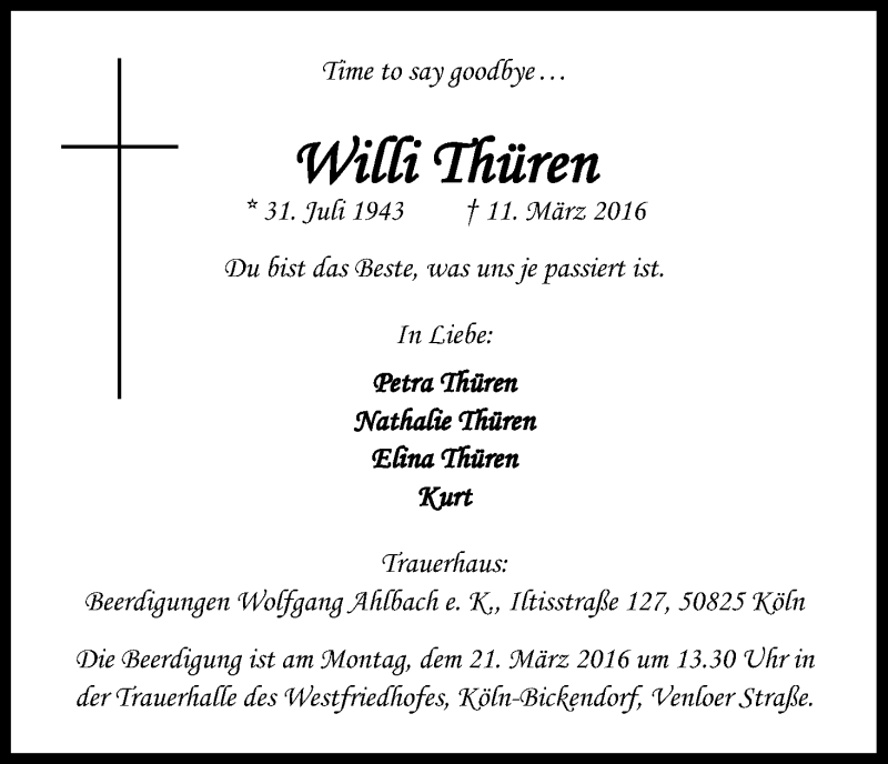  Traueranzeige für Willi Thüren vom 16.03.2016 aus Kölner Stadt-Anzeiger / Kölnische Rundschau / Express