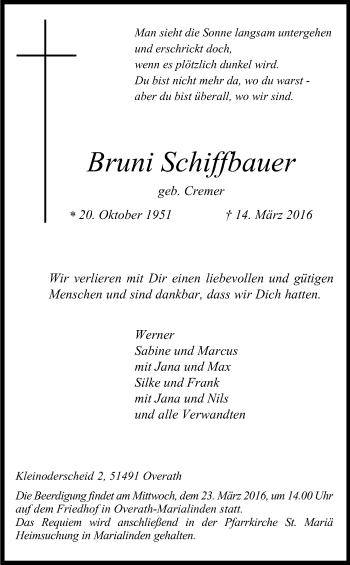 Anzeige von Bruni Schiffbauer von Kölner Stadt-Anzeiger / Kölnische Rundschau / Express