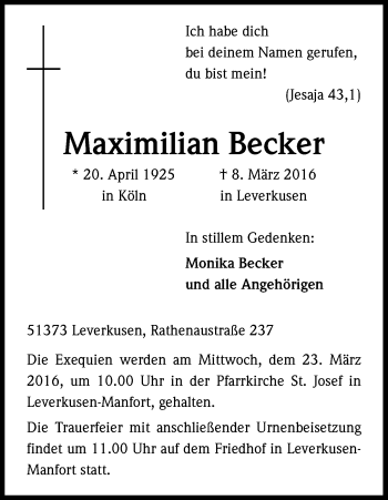 Anzeige von Maximilian Becker von Kölner Stadt-Anzeiger / Kölnische Rundschau / Express