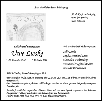 Anzeige von Uwe Lieske von Kölner Stadt-Anzeiger / Kölnische Rundschau / Express