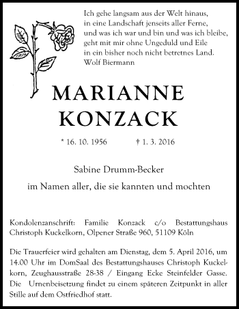 Anzeige von Marianne Konzack von Kölner Stadt-Anzeiger / Kölnische Rundschau / Express