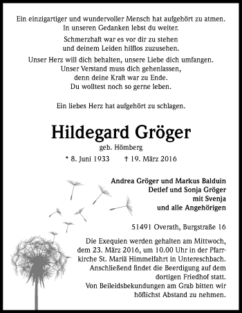 Anzeige von Hildegard Gröger von Kölner Stadt-Anzeiger / Kölnische Rundschau / Express