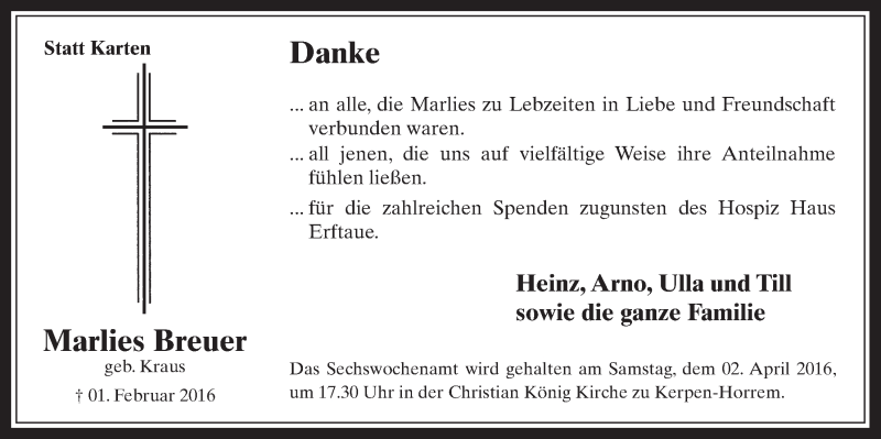  Traueranzeige für Marlies Breuer vom 23.03.2016 aus  Werbepost 