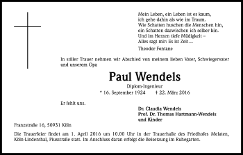 Anzeige von Paul Wendels von Kölner Stadt-Anzeiger / Kölnische Rundschau / Express