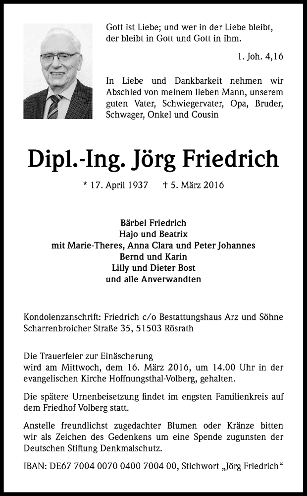  Traueranzeige für Jörg Friedrich vom 12.03.2016 aus Kölner Stadt-Anzeiger / Kölnische Rundschau / Express