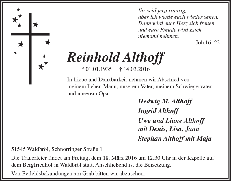  Traueranzeige für Reinhold Althoff vom 16.03.2016 aus  Lokalanzeiger 