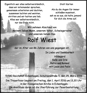 Anzeige von Rolf Wiest von Kölner Stadt-Anzeiger / Kölnische Rundschau / Express