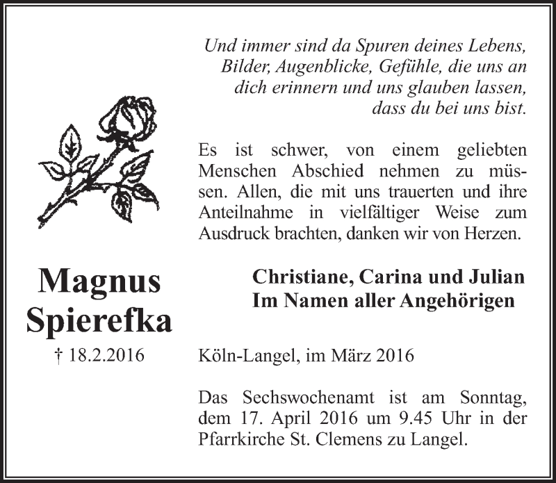  Traueranzeige für Magnus Spierefka vom 16.03.2016 aus  Kölner Wochenspiegel 