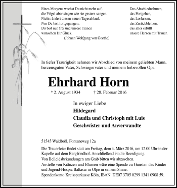 Anzeige von Ehrhard Horn von Kölner Stadt-Anzeiger / Kölnische Rundschau / Express