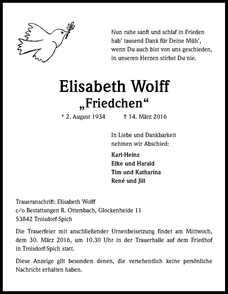  Traueranzeige für Elisabeth Wolff vom 26.03.2016 aus Kölner Stadt-Anzeiger / Kölnische Rundschau / Express