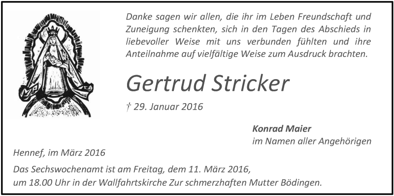  Traueranzeige für Gertrud Stricker vom 02.03.2016 aus  Extra Blatt 