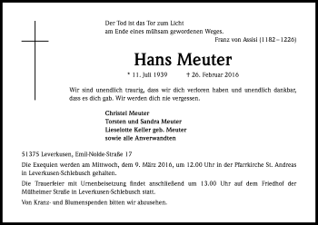 Anzeige von Hans Meuter von Kölner Stadt-Anzeiger / Kölnische Rundschau / Express