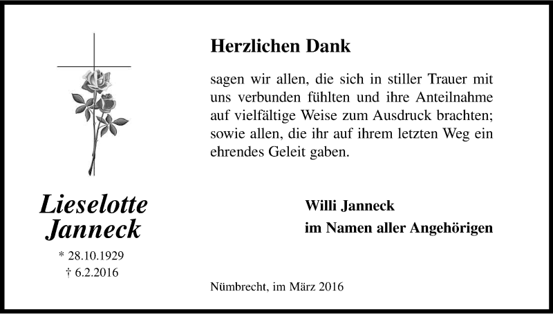  Traueranzeige für Lieselotte Janneck vom 26.03.2016 aus Kölner Stadt-Anzeiger / Kölnische Rundschau / Express